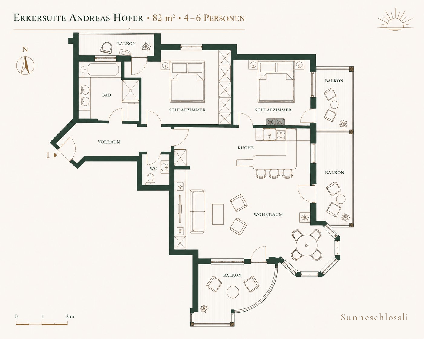 Grundriss der Erkersuite Andreas Hofer, 82 m²