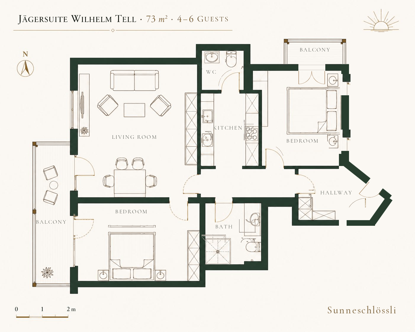 Floor plan of the Jägersuite Wilhelm Tell, 73 m²