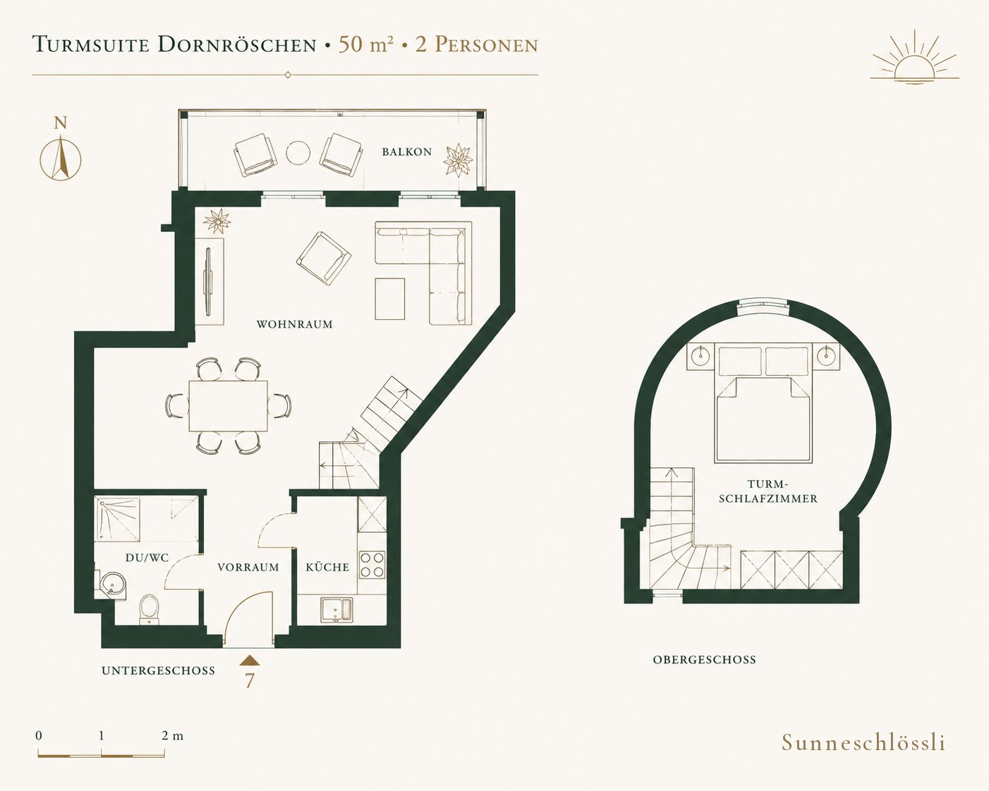Grundriss der Turmsuite Dornröschen, 50 m²