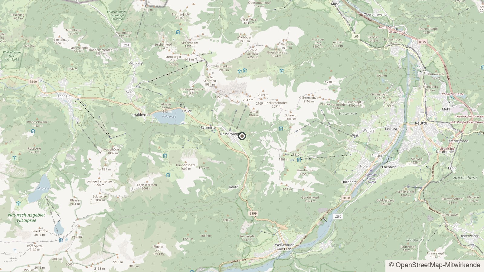 Location of the Sunneschlössli in Nesselwängle at the entrance to the Tannheimer Tal