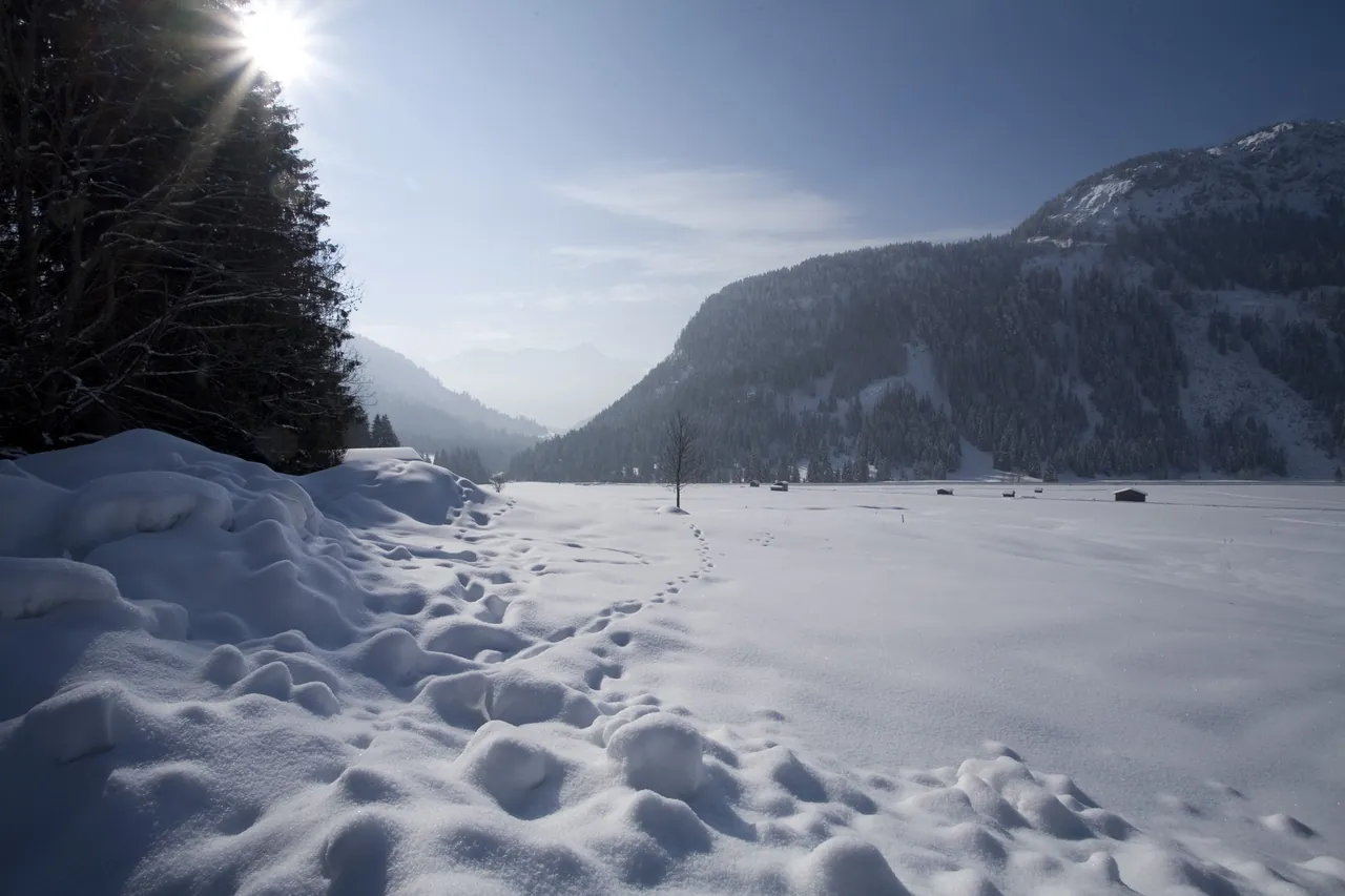 A valley meadow deep in snow, with hay barns